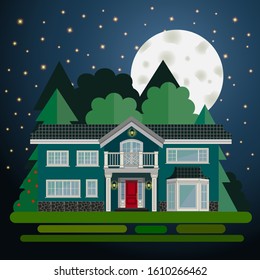 
Vector illustration rest in the forest. House in the forest. Night landscape. Moon. Starry sky.