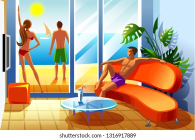 vector illustration of rest of young people by the sea in the hotel
