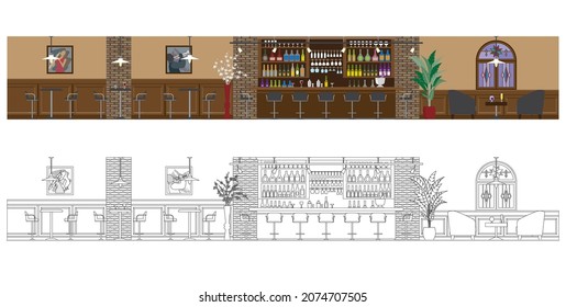 Vector illustration of restaurant. Illustration of a bar.