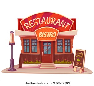 Vector Illustration Of Restaurant And Bistro Building With Bright Banner.