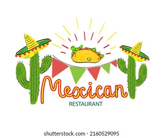 Vector illustration for a restaurant or cafe of Mexican cuisine. Tacos, cactus and sombreros.