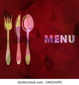Vector illustration of restaurant card menu design. Spoon, fork and knife on abstract triangular background. 