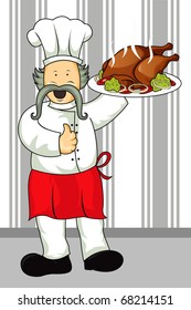 A vector illustration of a restaurant chef carrying a plate of a roast chicken meal