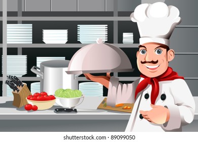 A vector illustration of a restaurant chef holding a plate of food