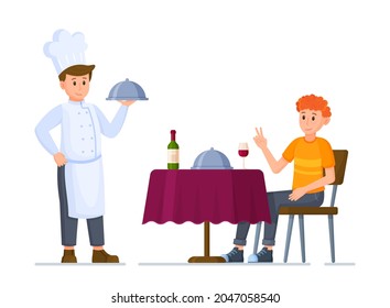 Ilustración vectorial de un concepto de restaurante. Mesa de restaurante moderna reservada con manteles, vino, vidrio y plato bajo el manto.