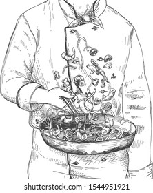 Vector illustration of restaurant cooking technique process. Man chef in uniform flipping dish on frying pan. Cropped view. Vintage hand drawn style.