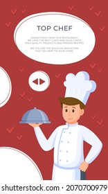 Vector illustration of restaurant flyer. Chef standing with dish in hand isolated on red and white background. 