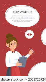 Vector illustration of restaurant flyer. Waiter girl with notebook in her hands.  