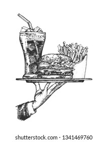 Vector illustration of restaurant food serving set. Restaurant waiter hand with fast food like burger, soda, french fries. Vintage hand drawn style.