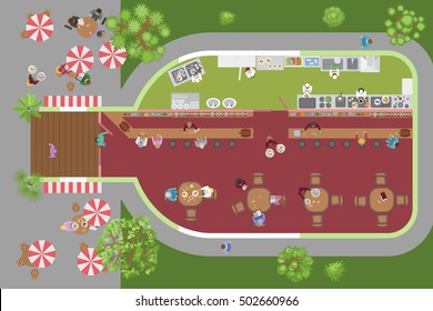 Vector Illustration. Restaurant In The Form Of A Bottle. (top View) 
The Restaurant Hall, Bar, Kitchen, Tables, Visitors, Waiters, Cooks, Umbrellas. (view From Above) 