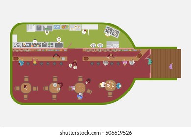 Vector illustration. Restaurant in the form of a bottle. (top view) 
The restaurant hall, bar, kitchen, tables, visitors, waiters, cooks. (view from above) 