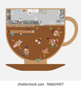 Vector illustration. Restaurant in the form of a cup of coffee. (top view) 
The restaurant hall, bar, kitchen, tables, visitors, waiters, cooks. (view from above) 
