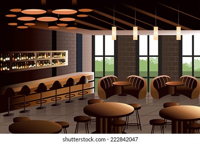 A Vector Illustration Of Restaurant Interior With Industrial Look