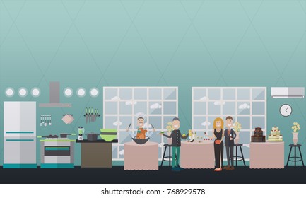 Vector illustration of restaurant kitchen and banquet hall interior with cook preparing dish with fire, restaurant guests enjoying wonderful buffet style dinner. Flat style design.