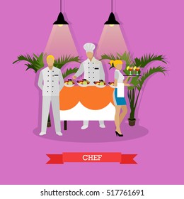 Vector illustration of restaurant kitchen interior in flat style. Chef, headwaiter and waitress holding tray with cocktails.