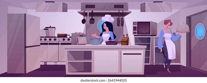 Vector illustration of restaurant kitchen with table, fridge, stove, microwave, chef and staff. Room with specialized equipment and modern interior for cooking. Cartoon style.
