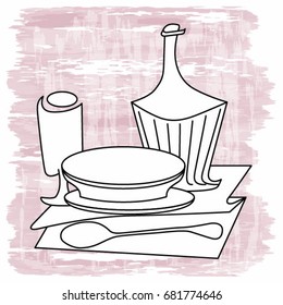Vector illustration for restaurant logo. A glass, a typical bottle of Italian wine, dishes, a spoon and a napkin. Ruined effect background.
