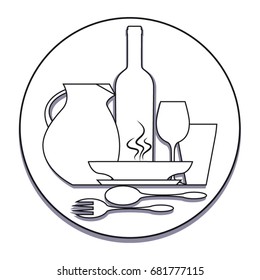 Vector illustration for restaurant logo. Two glasses, a bottle of wine, a jug, plates whit, a spoon and a fork.
