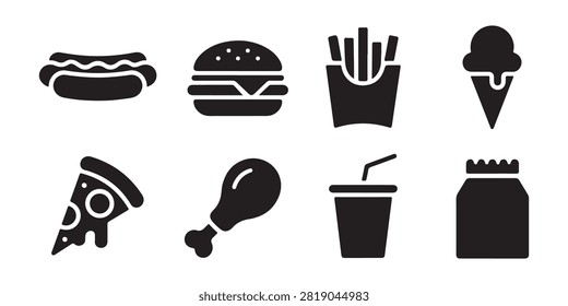 Vector illustration of restaurant meal icons including pizza chicken leg soda drink and carryout bag.