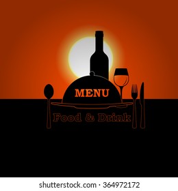 Vector illustration of a restaurant menu cover template sunset or sunrise with shadow fork, knife, spoon and glass with a bottle.