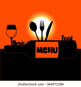 Vector illustration of a restaurant menu cover template sunset or sunrise with shadow fork, knife, spoon and glass with a bottle.