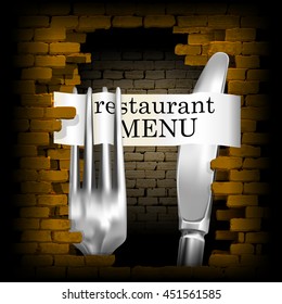 Vector illustration of a restaurant menu cover template knife and fork in breach of the brick wall the wall. You can use any text or image on a black background.