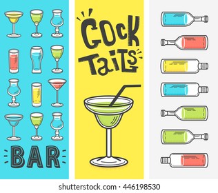 Vector illustration. Restaurant menu design. set of bottles and glasses with alcohol. cocktail bar concept poster and flyer.