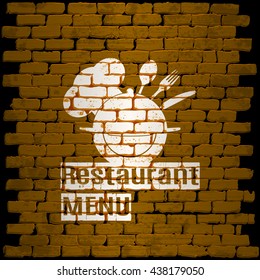 Vector illustration restaurant menu pattern on a background of a brick wall, a plate dish food fork and knife.