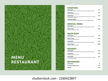 Vector illustration of a restaurant menu template with a flat design with green leaves