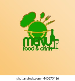 Vector illustration of a restaurant menu template. A plane figure with a stencil cap chef, dish knife fork and spoon in green colors.