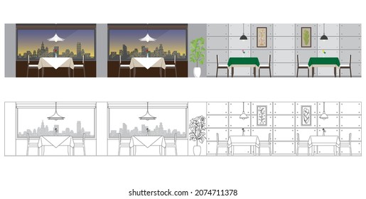 Ilustración vectorial del restaurante. Vista nocturna.