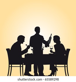 vector Illustration of a restaurant scene were a woman and a man enjoy their dinner while the waiter is serving the wine