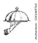 Vector illustration of restaurant service set. Waiter hand holding tray and metal lid cover. Vintage hand drawn style.