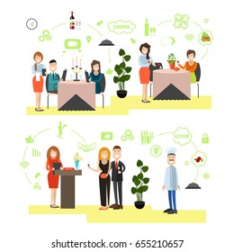 Vector illustration of restaurant staff and customers males and females. Restaurant people, cooking symbols, icons isolated on white background. Flat style design elements.