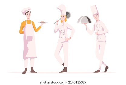 Vector illustration restaurant staff employees. Standing woman chef cook with a colander, a pastry chef with cheesecake and a male cook with a secret dish in cartoon style.