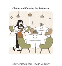 Vector illustration of a restaurant staff member cleaning tables at closing time. She is wiping down surfaces, ensuring the dining area is tidy and ready for the next day.