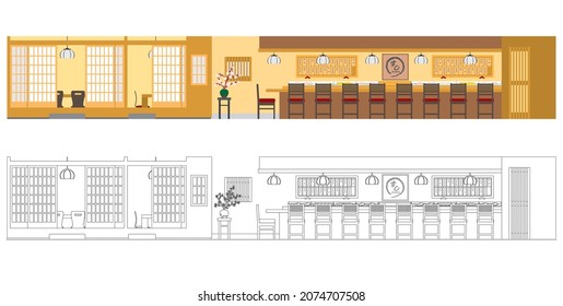 Vector illustration of restaurant. Illustration of a sushi restaurant.