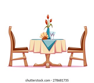 Vector illustration of restaurant table with two chairs and vase with flowers.