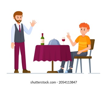 Vector illustration of restaurant waiter. Hot dinner in a restaurant. Rest after a hard day's work. 