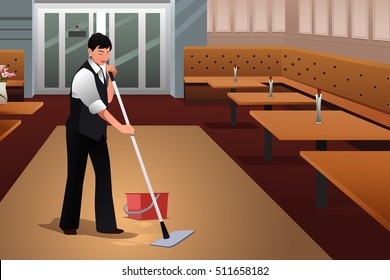 A vector illustration of Restaurant Worker Cleaning Restaurant After Closing