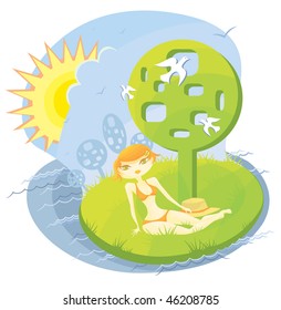 vector illustration with resting bikini girl at the river shore under a green tree against the blue sunny sky