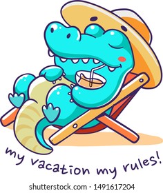 Vector illustration of resting green crocodile on deck chair with hat and cocktail on white background with text. Line art design for web, vacation poster, banner, greeting card