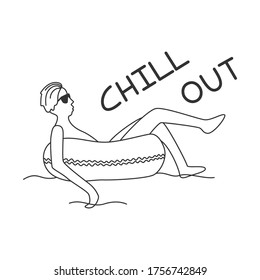 Vector illustration of a resting man on a rubber ring in the water with "chill out" text