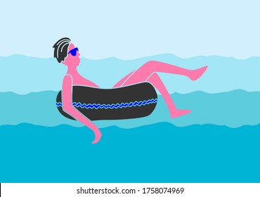Vector illustration of a resting man on a rubber ring in the water 