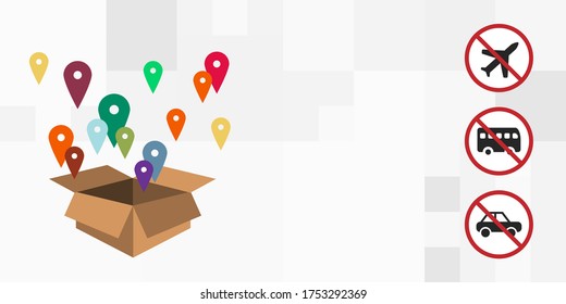 vector illustration of restricted transportation symbols and locations marks in a box for post quarantine limited tourism