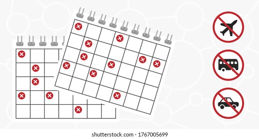 vector illustration of restricted transportation symbols and cancelled calendar dates