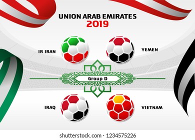 Vector illustration results and standing tables scoreboard championship tournament in United Arab Emirates. Asian Football Cup 2019. Broadcast template. Soccer 2019 championship tournament.