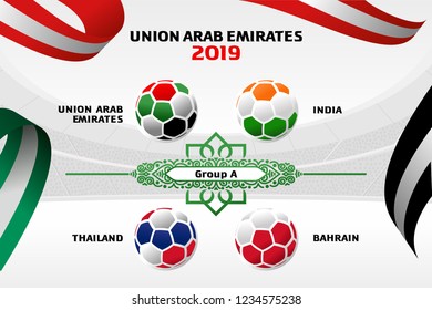 Vector illustration results and standing tables scoreboard championship tournament in United Arab Emirates. Asian Football Cup 2019. Broadcast template. Soccer 2019 championship tournament.