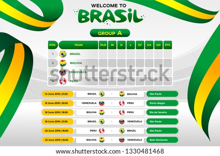 Vector illustration results and standing tables scoreboard championship tournament in Brasil. CONMEBOL Copa America 2019. Broadcast template. Soccer 2019 championship tournament.