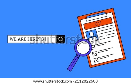 Vector illustration of resume document and magnifying glass. Suitable for design element of job vacancy, staff hiring website, recruitment agency poster background.